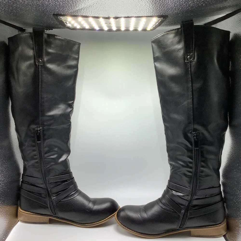 Women's Harness Pull Tabs Riding Boots Black Knee High 8.5‎